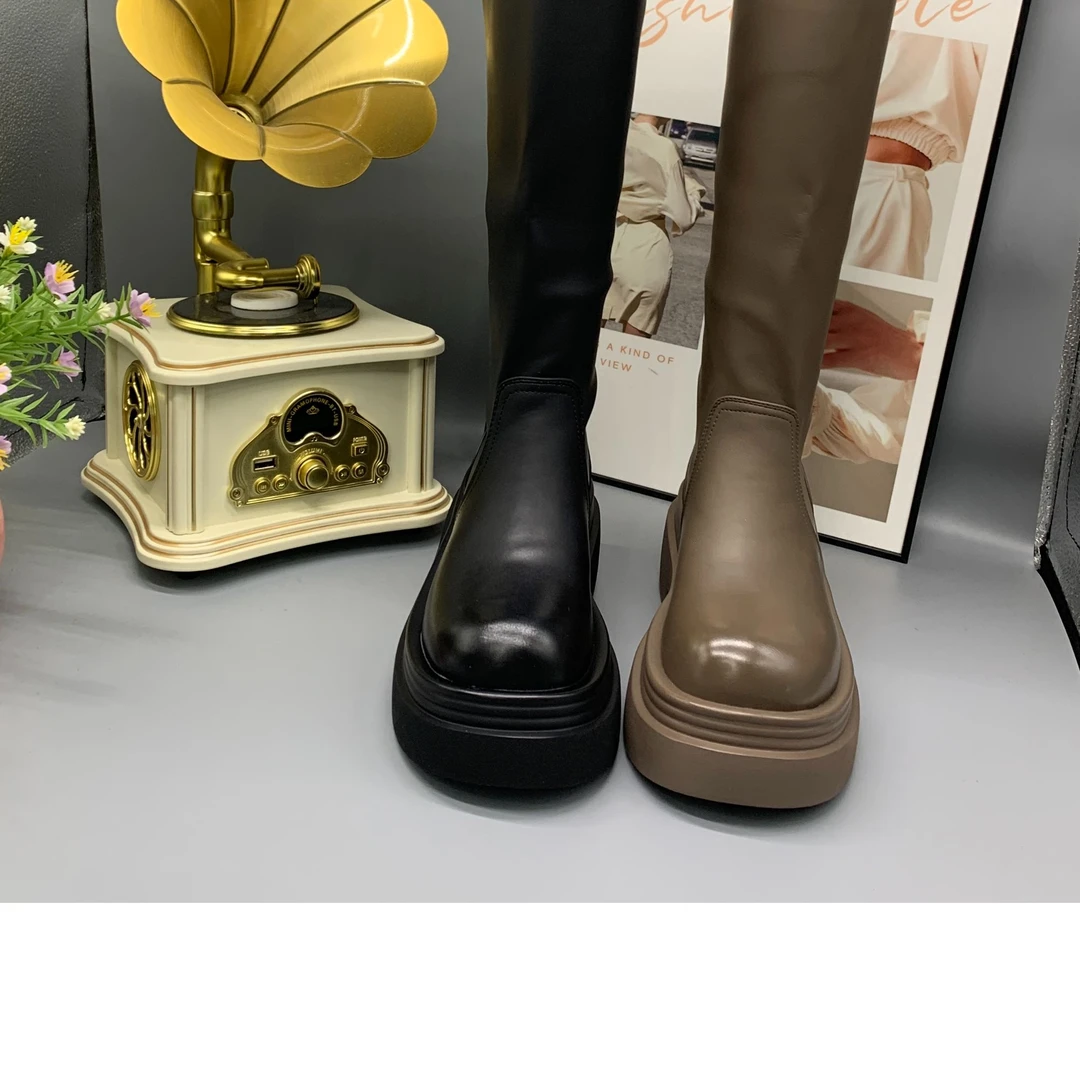 不过膝长靴子女棕色长筒靴女皮带扣西部高筒靴长靴牛仔靴8600-2