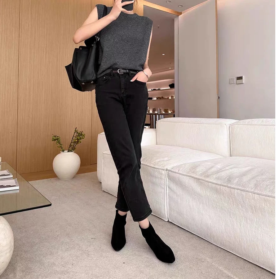 路遥坡跟小方尖头切尔西靴女秋冬新款百搭短筒绒面及裸靴潮17633