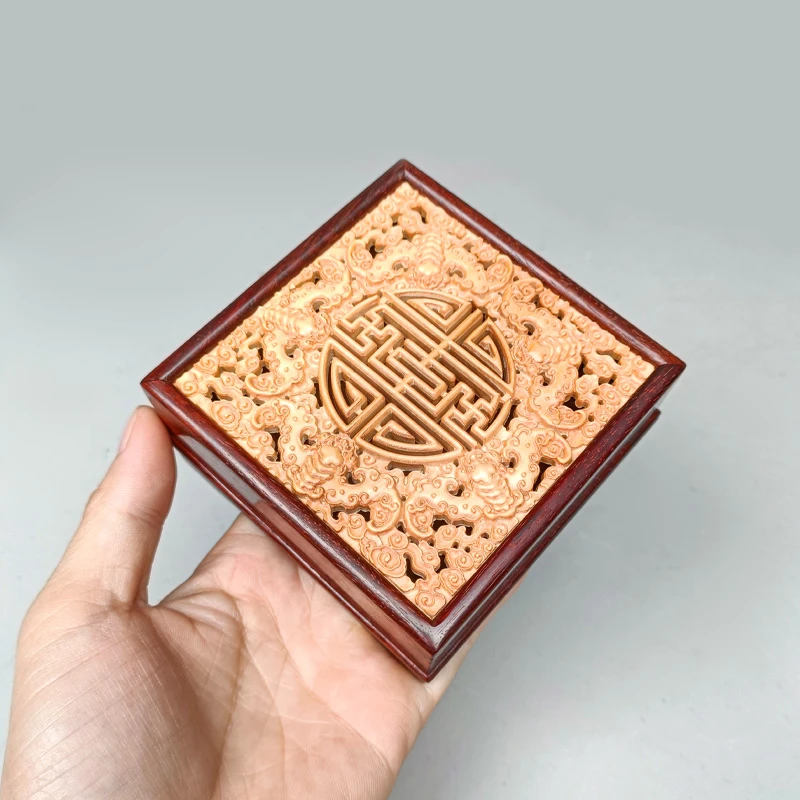 印度小叶紫檀雕刻盒子文玩手工工艺明式木质方盘香盒木雕收藏精品