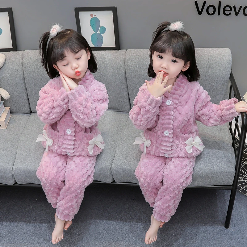 女童睡衣秋冬季珊瑚绒小宝宝小女孩法兰绒可爱家居服开衫套装宝贝