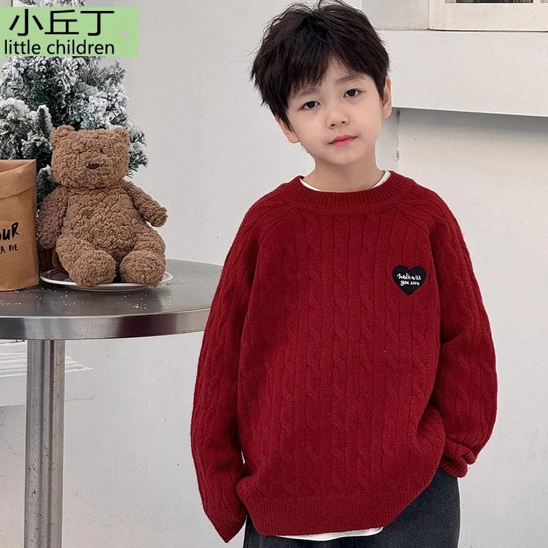 男童圣诞毛衣秋冬儿童装2025新款中大童冬男孩红色毛线衣冬季新年