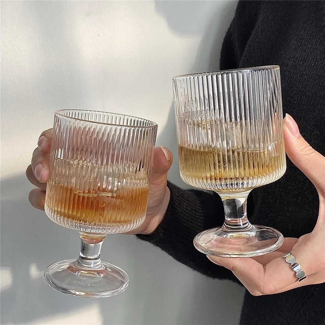 法式复古高脚杯高脚竖纹玻璃杯酒杯条纹竖纹网红创意鸡尾酒杯