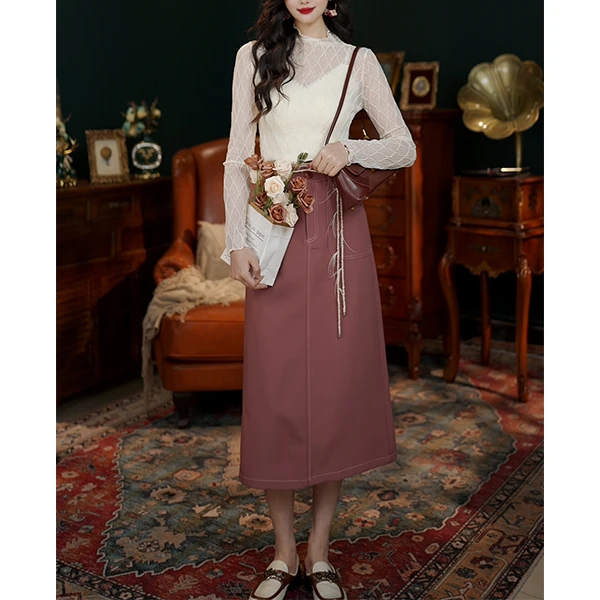 玫瑰【月照花林】港风复古纯色高腰显瘦半身裙百搭裙子 RN062403