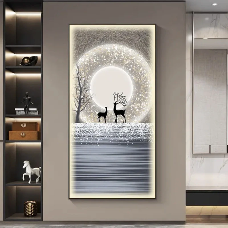 麋鹿星空装裱玄关装饰画走廊过道装裱挂画现代轻奢福鹿高升晶瓷画