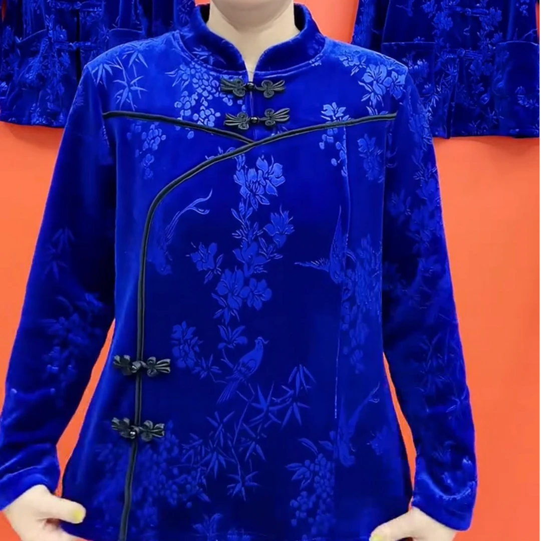 冬季时尚新款加绒印花长袖上衣中国风盘扣减龄百搭妈妈装