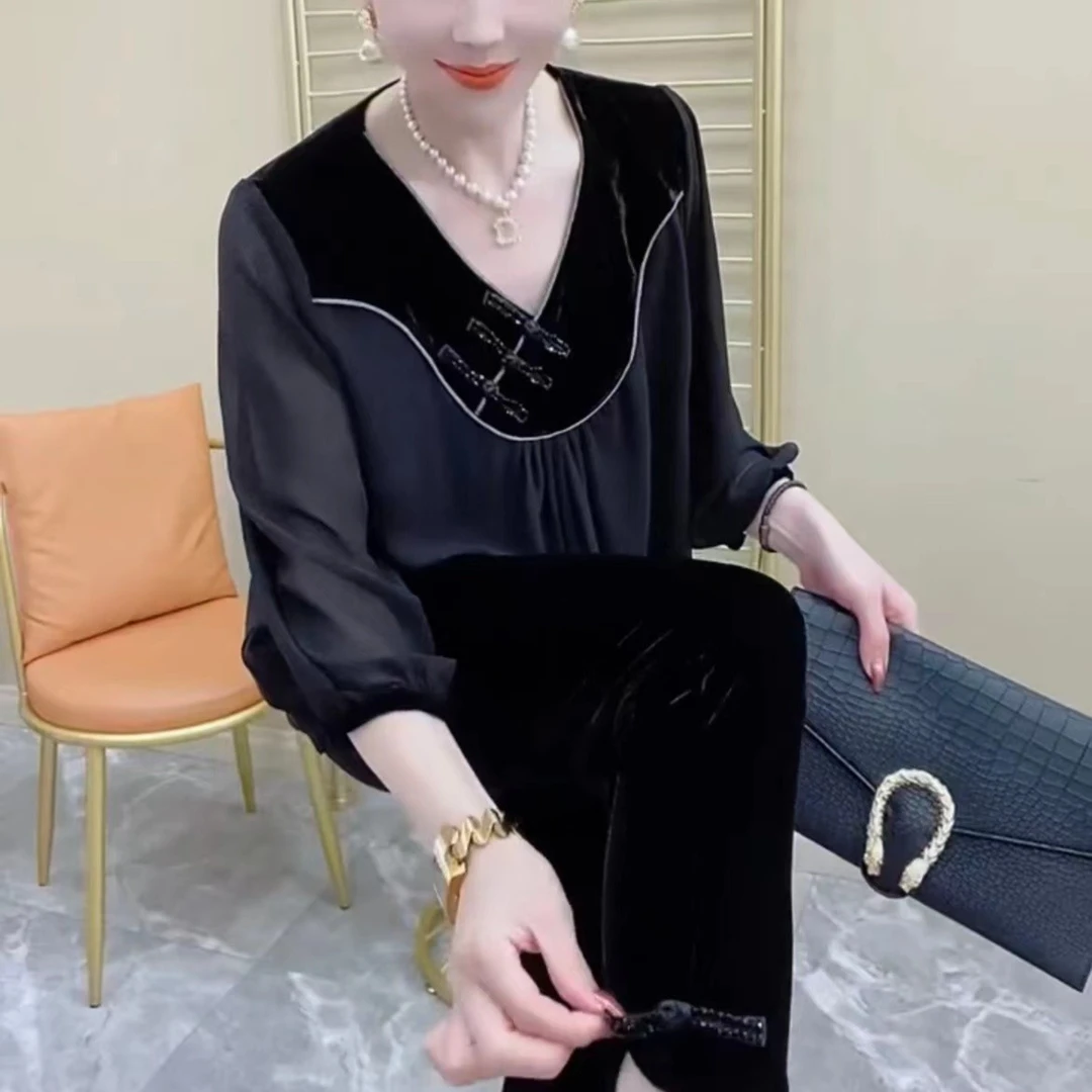 早秋新款高品质时尚气质丝绒中国风盘扣拼接显瘦妈妈装