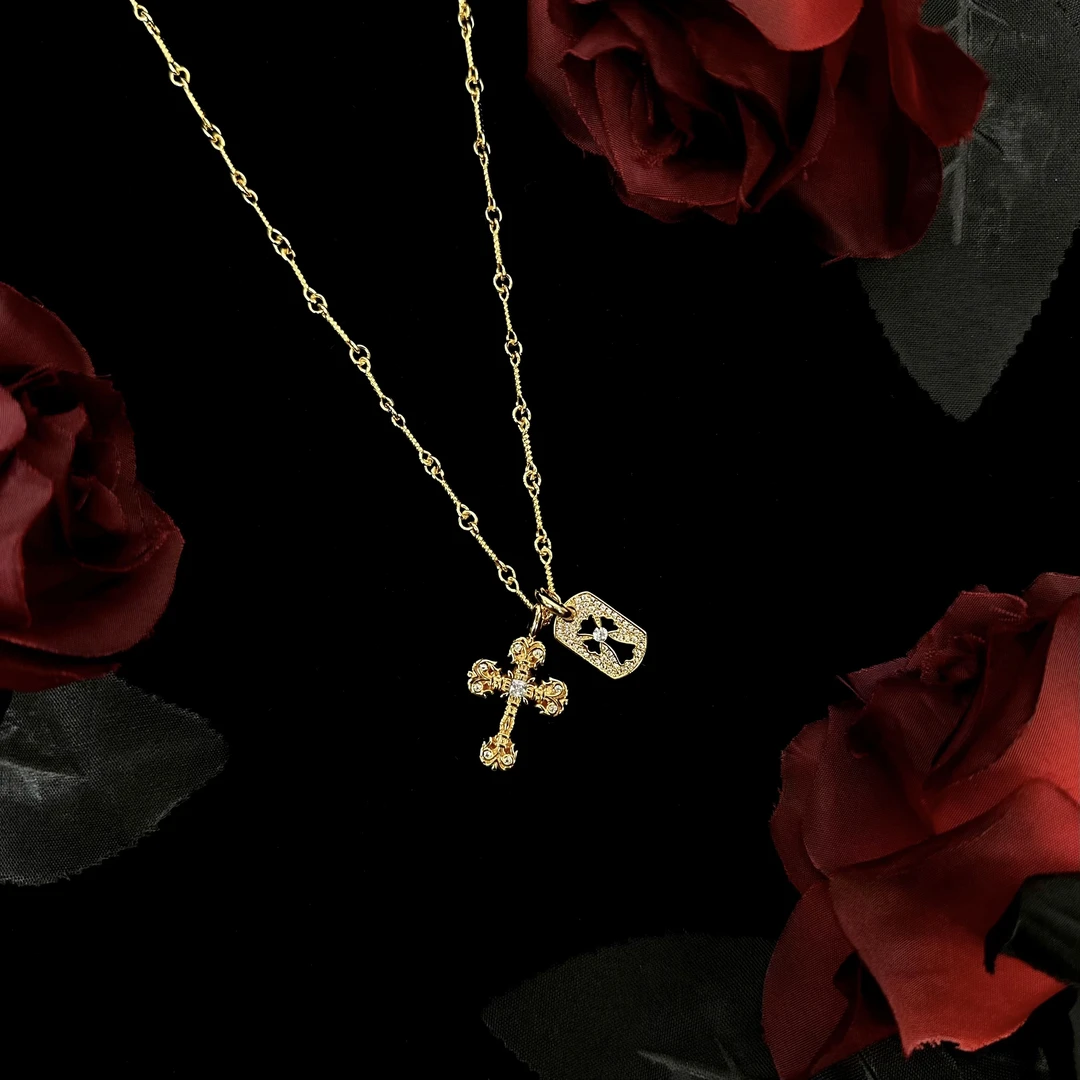 铜合金项链 火焰十字军牌竹节麻花链