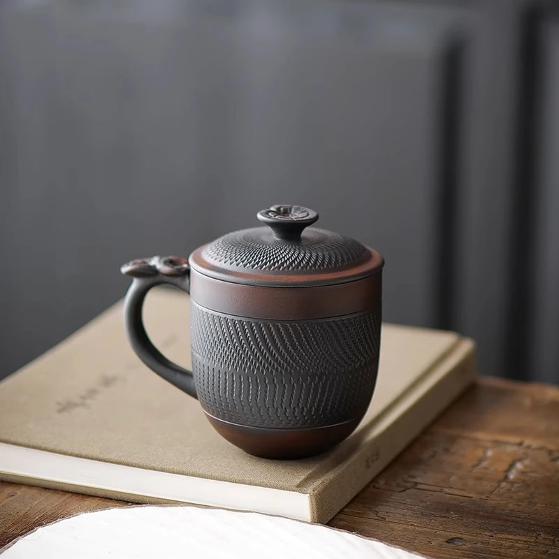 复古紫陶灵芝办公泡茶杯专用主人杯陶瓷会议水杯喝茶杯带盖带手柄