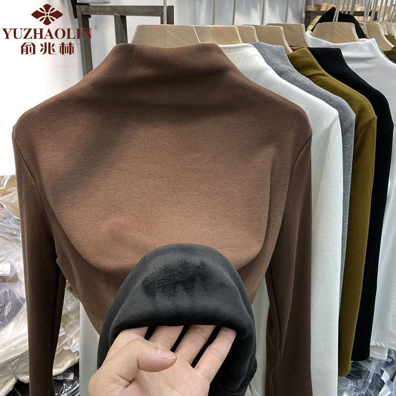 俞兆林加绒加厚螺纹打底衫女2023秋冬新款修身保暖体恤半高领上衣