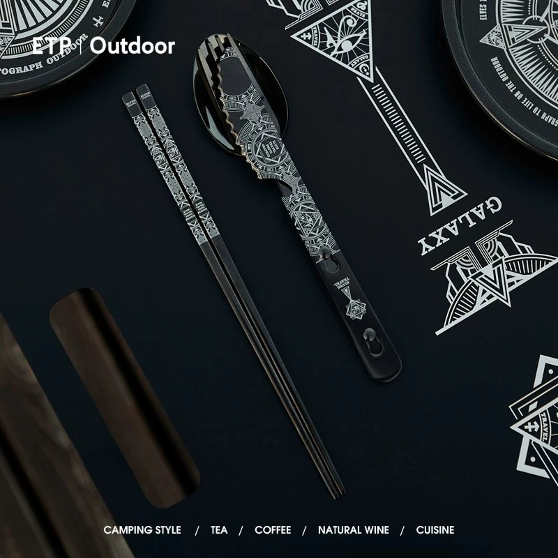 户外露营便携式黑色刀叉勺野营套装不锈钢筷子黑化餐具轻量组合