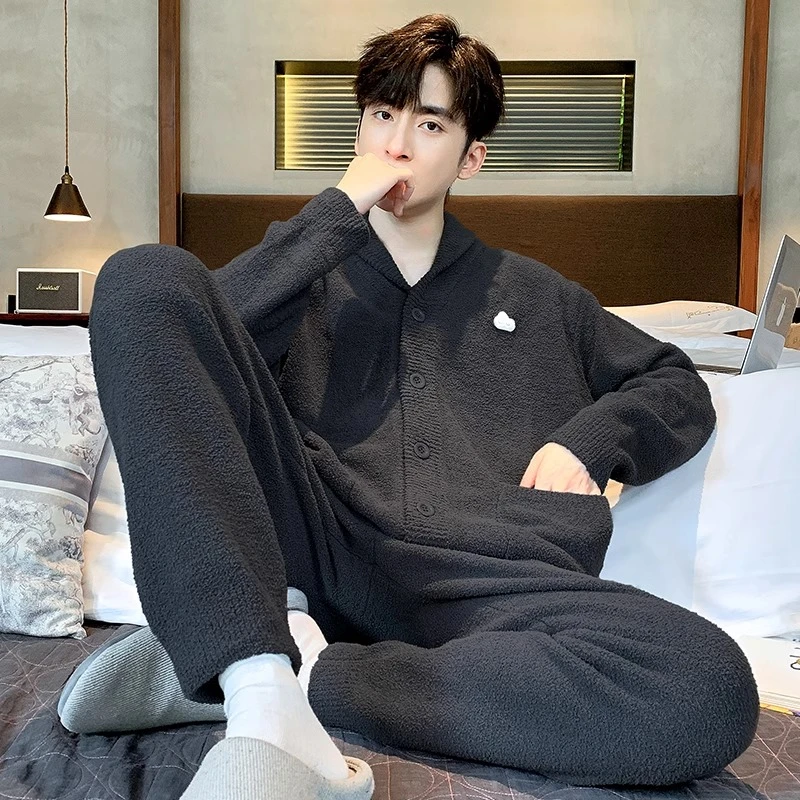 半边绒男士睡衣秋冬保暖纯色珊瑚绒春秋款保暖家居服套装可外穿