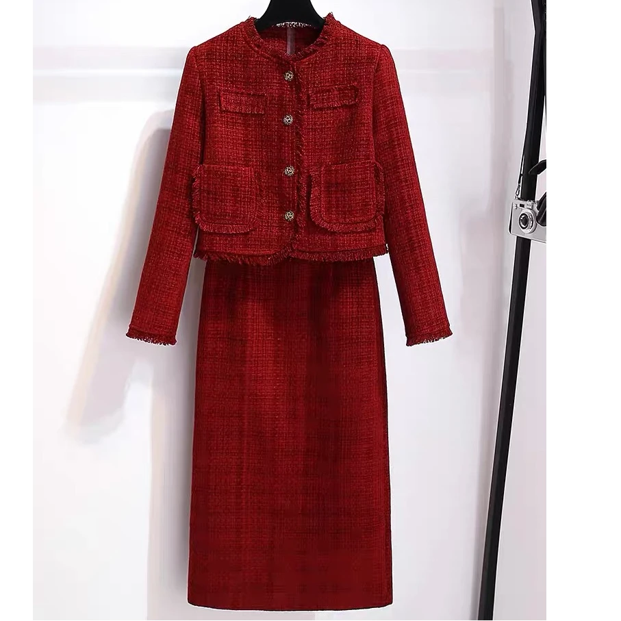 衣源1002#小香风外套半身裙两件套新款（衣长45裙长78左右)瑕疵品