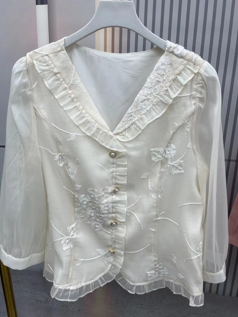 衣源8206#蕾丝女士荷叶边娃娃领夏季衬衫（衣长56左右）