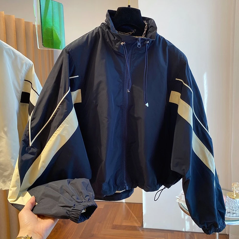 拼色宽松休闲外套女拼接小个子夹克运动设计感冲锋衣立领风衣百搭