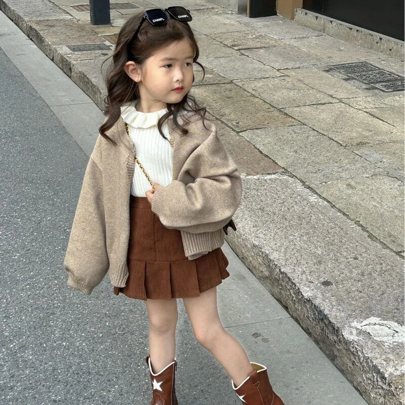 女童套装秋冬韩版毛线开衫针织上衣花边领毛衣打底衫半身裙套装