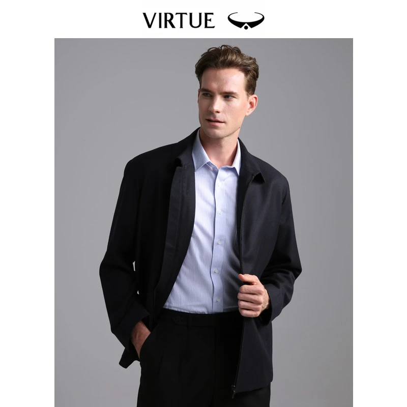 富绅羊毛茄克外套男秋冬百搭复古短款男士商务纯色翻领夹克男