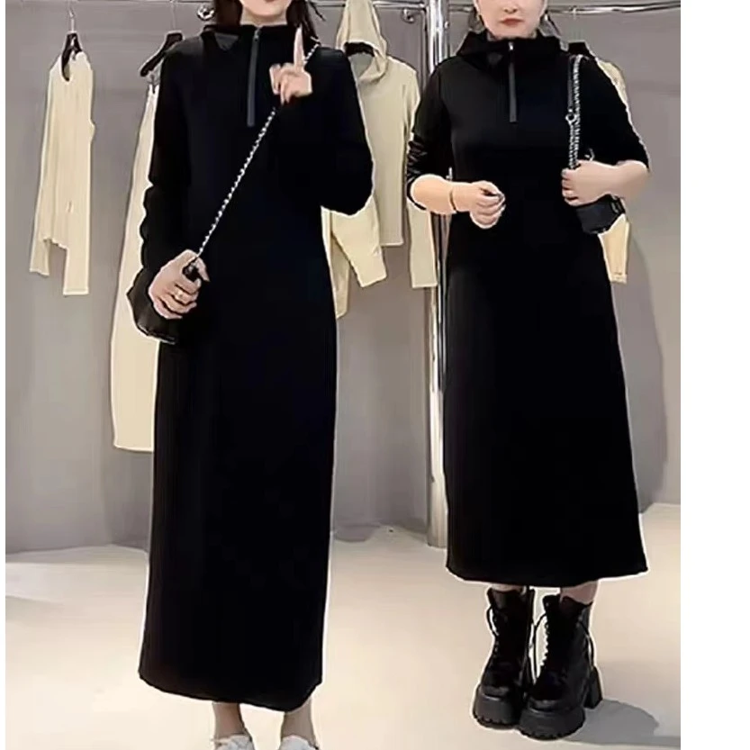 欧货一瘦到底连帽半拉链长袖连衣裙2023秋装新款宽松显瘦直筒长裙