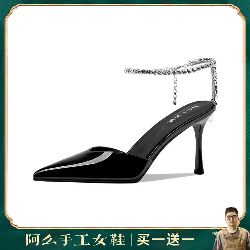 阿么手工女鞋性感一字带漆皮高跟鞋细跟8.5CM尖头女士凉鞋时尚