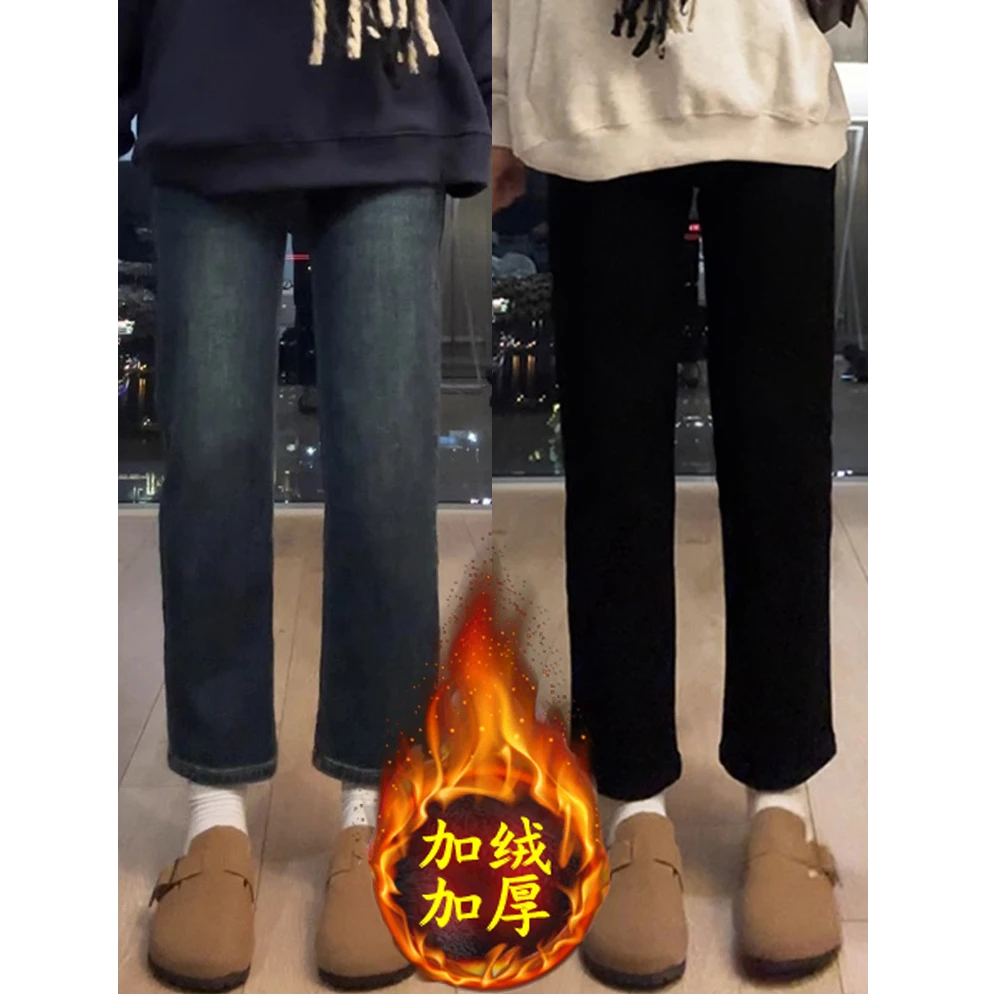 加绒九分直筒牛仔裤女大码胖妹妹mm高腰显瘦弹力直筒九分裤烟管裤
