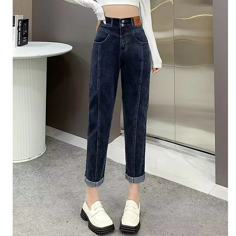 大码女装秋冬季哈伦烟管裤高弹显瘦小直筒裤高腰遮腿型复古百搭