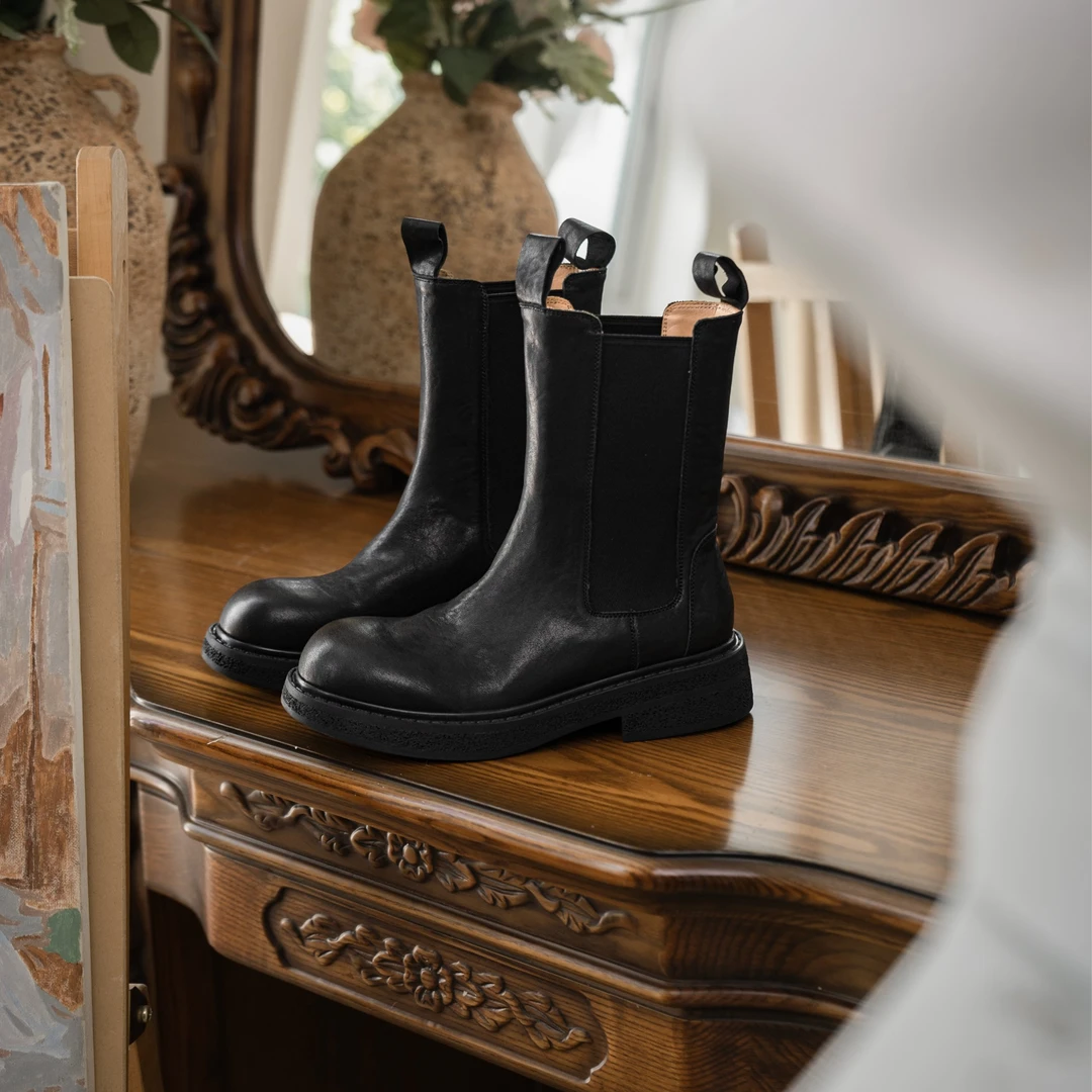 龙年新款COVONTY 「单里+加绒」水洗马皮中筒靴厚底圆头百搭烟筒靴