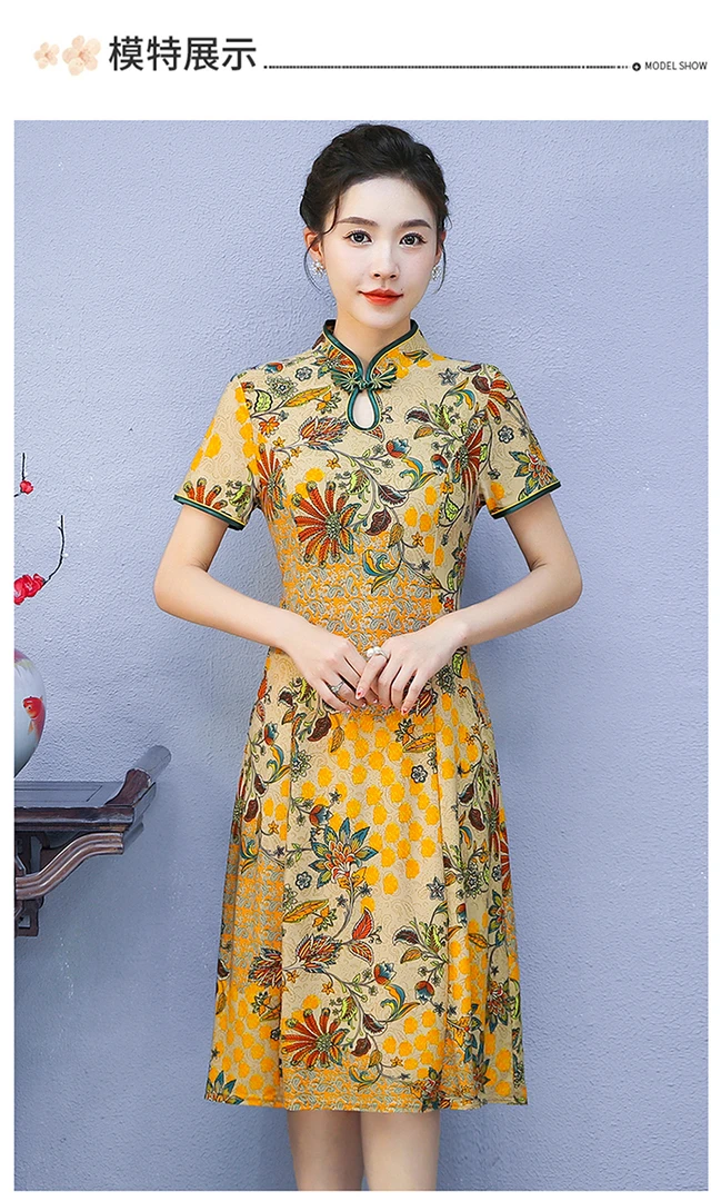 妈妈夏装高贵气质中国风旗袍连衣裙50阔太太时尚碎花减龄短袖裙子