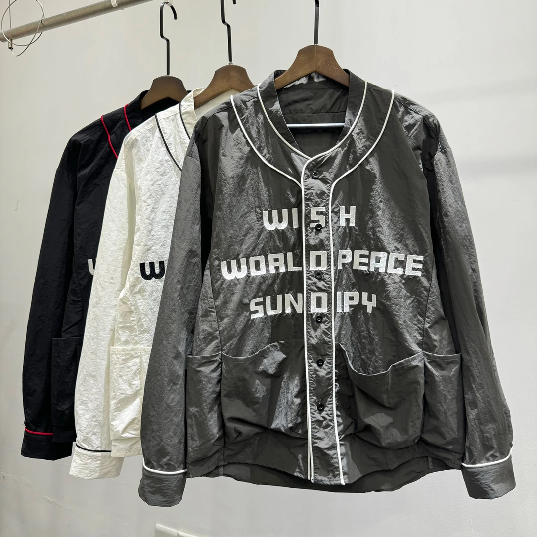 春季新款男士简约字母长袖衬衫潮牌INS设计师宽松日系褶皱衬衣