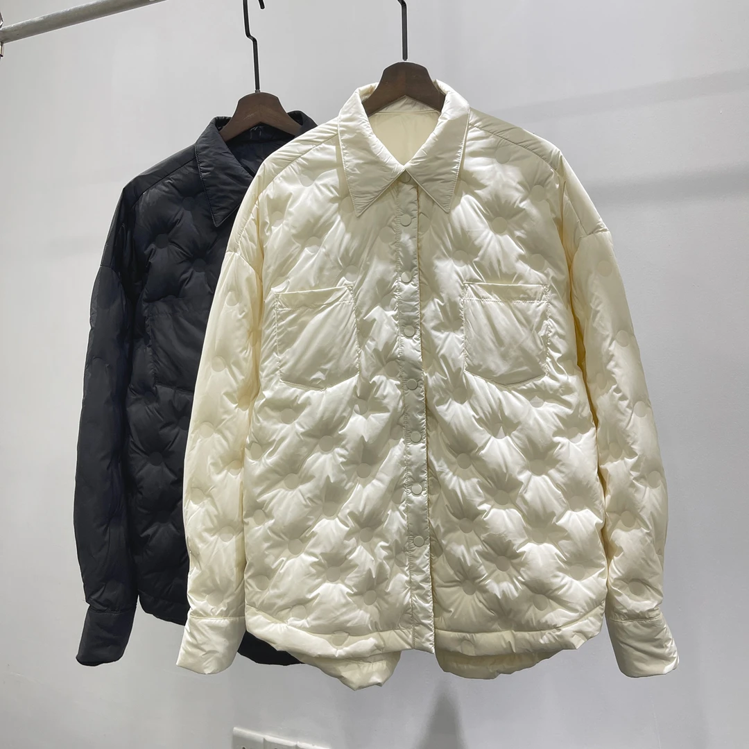 T现个性时尚压纹休闲宽松翻领羽绒服潮牌INS冬季保暖外套