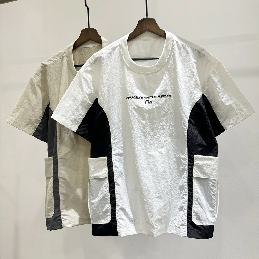 宽松时尚拼色大口袋圆领短袖体恤男士夏季潮流INS拼接撞色T恤上衣