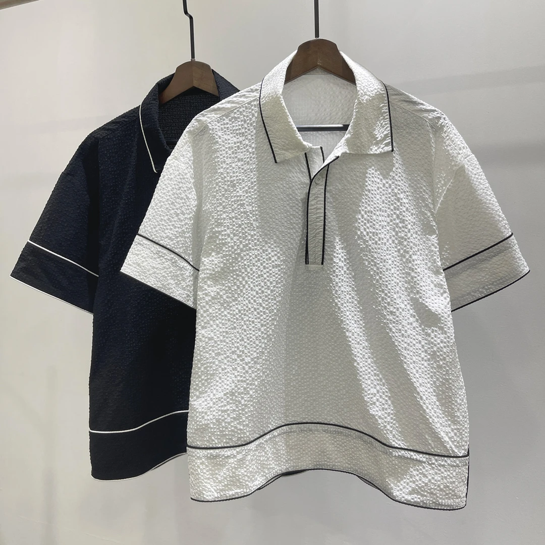 现货男士拼接休闲POLO领短袖T恤潮牌INS宽松百搭高级感小众上衣服