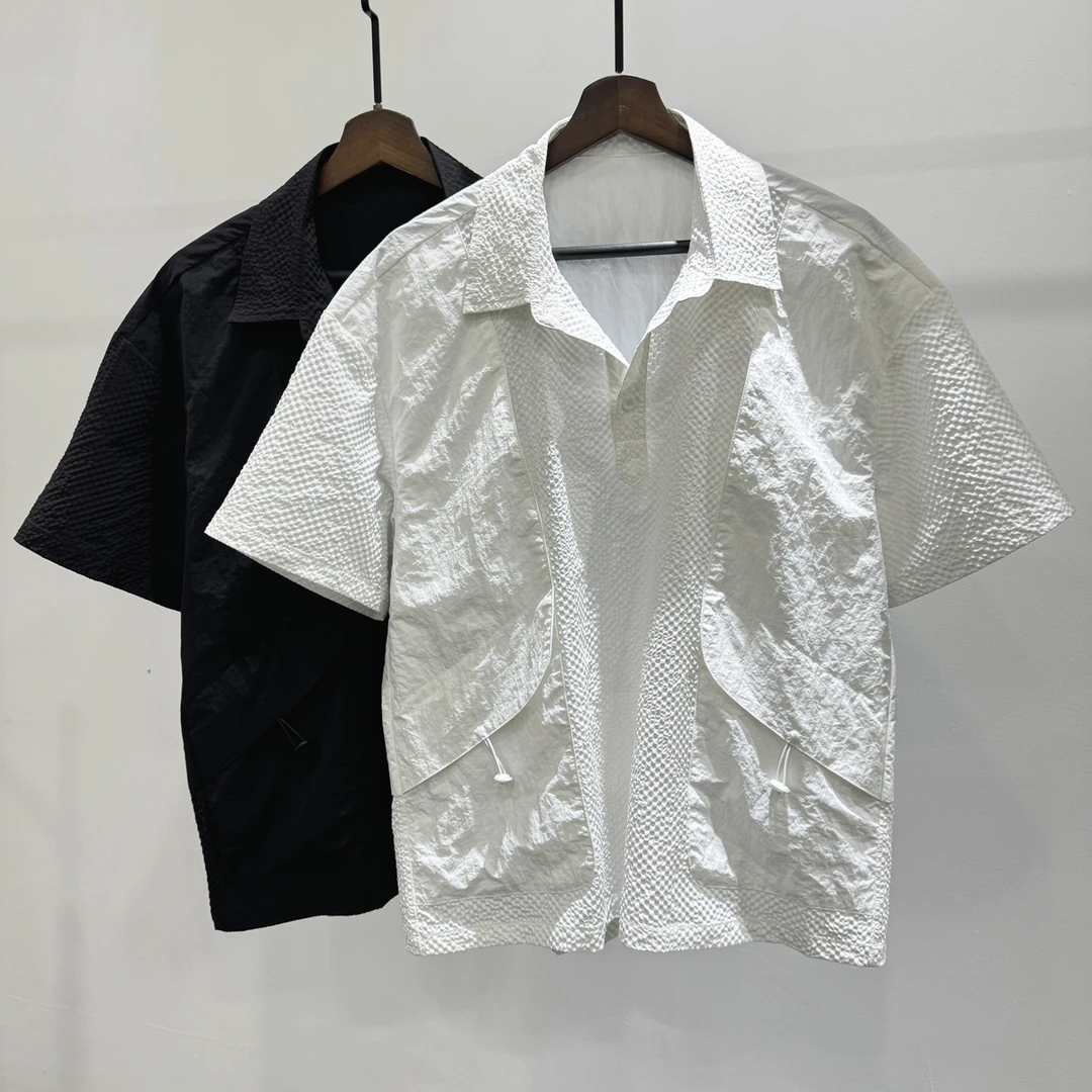 男士夏季简约时尚拼接设计感翻领短袖T恤潮牌INS宽松休闲百搭上衣