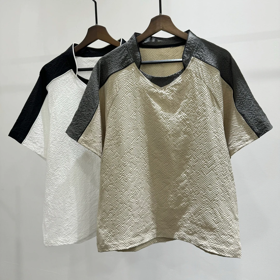 夏季设计感拼接撞色立领宽松短袖体恤男士潮流INS百搭拼色T恤上衣