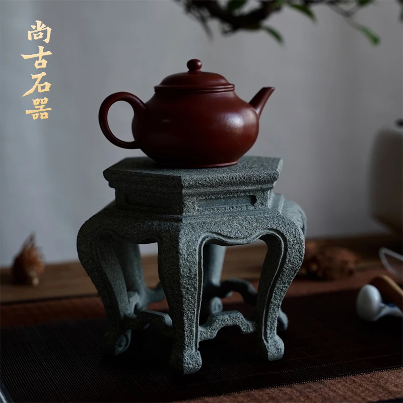 尚古石器 明式居六角稥几底座镂空手工石台工艺品微盆景展示架