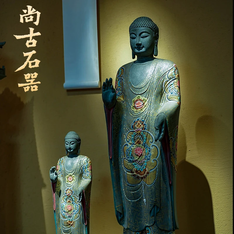 尚古石器 中式 原创彩绘释迦牟尼办公室家居装饰品摆件工艺品收藏