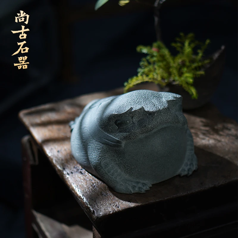尚古石器 天然青石添福望蟾 石雕家居装饰品 收藏重器工艺品礼品