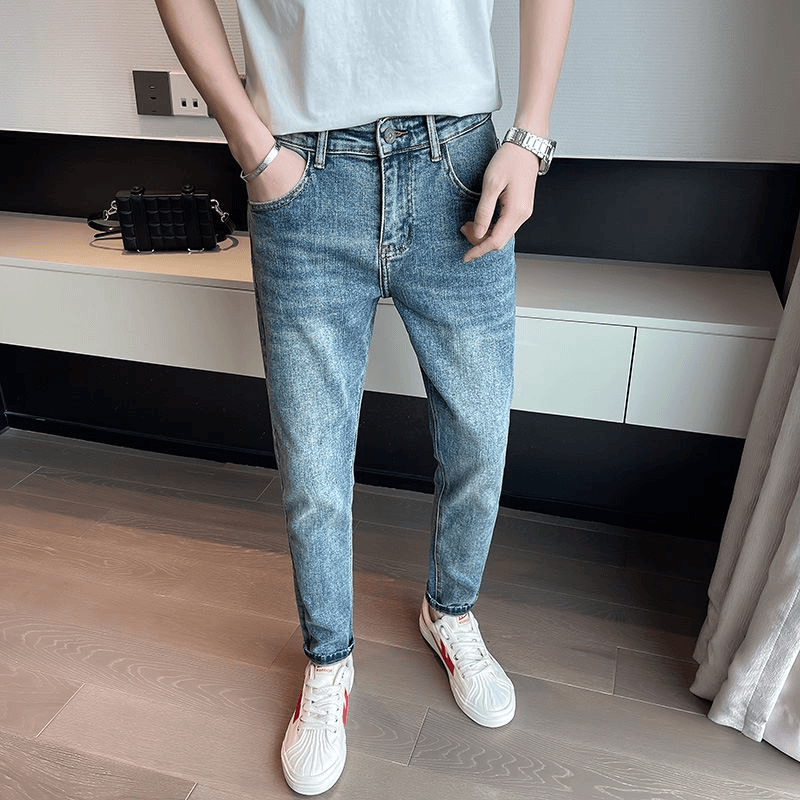 高级感牛仔裤男士春秋季2023新款痞帅小脚修身长裤男装休闲裤子潮