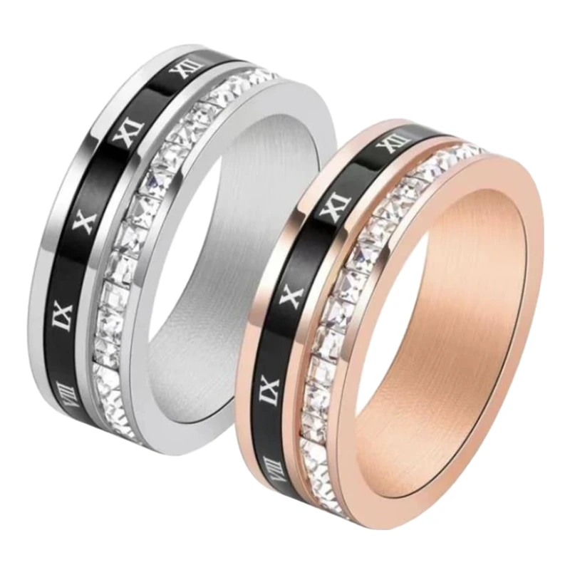 钛钢莫桑石戒指 罗马单排钻可转动满钻时尚个性镶钻黑色指环戒指