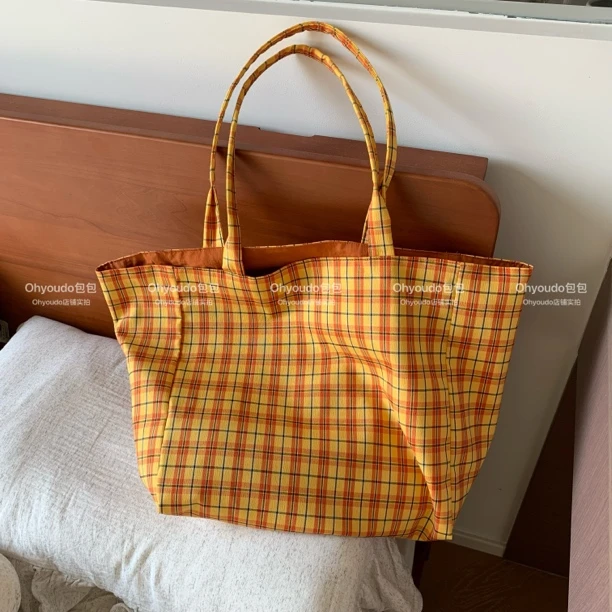 【交个朋友专属】ins感黄格纹帆布包/时尚托特包大容量双面单肩包