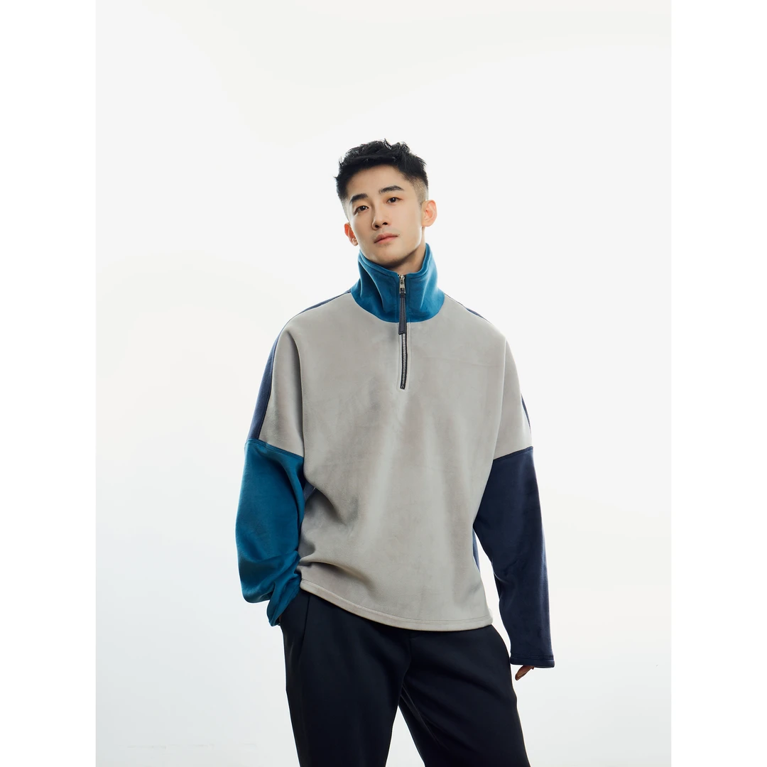 博衣社【细密银狐绒阔版卫衣】冬季新品男士休闲立领半拉链长袖上衣