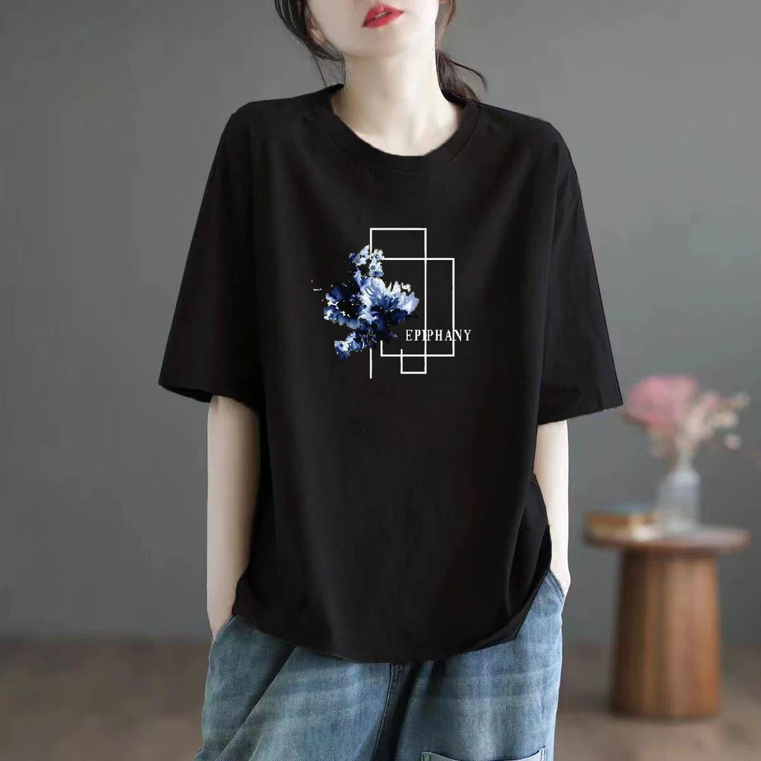 100%纯棉短袖t恤女士夏季新款圆领百搭上衣潮宽松大码半袖体恤衫