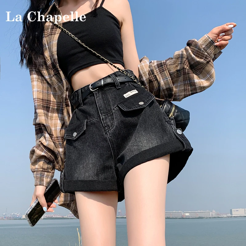 拉夏贝尔阔腿牛仔短裤女爆款2025年新款高腰卷边宽松a字辣妹热裤