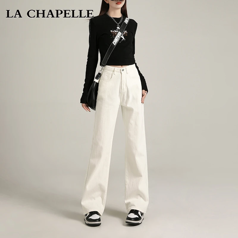 拉夏贝尔米白色高腰直筒牛仔裤女2025年爆款新款显瘦窄版阔腿裤子