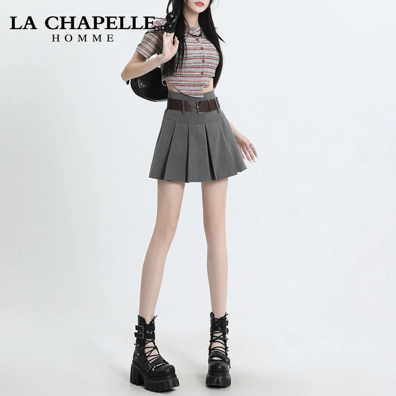 拉夏贝尔灰色高腰百褶短裙女爆款2025新款学院风显瘦小个子半身裙