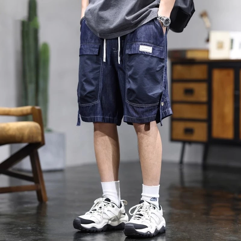 美式多口袋工装牛仔短裤男士夏季宽松直筒五分裤休闲百搭纯棉中裤
