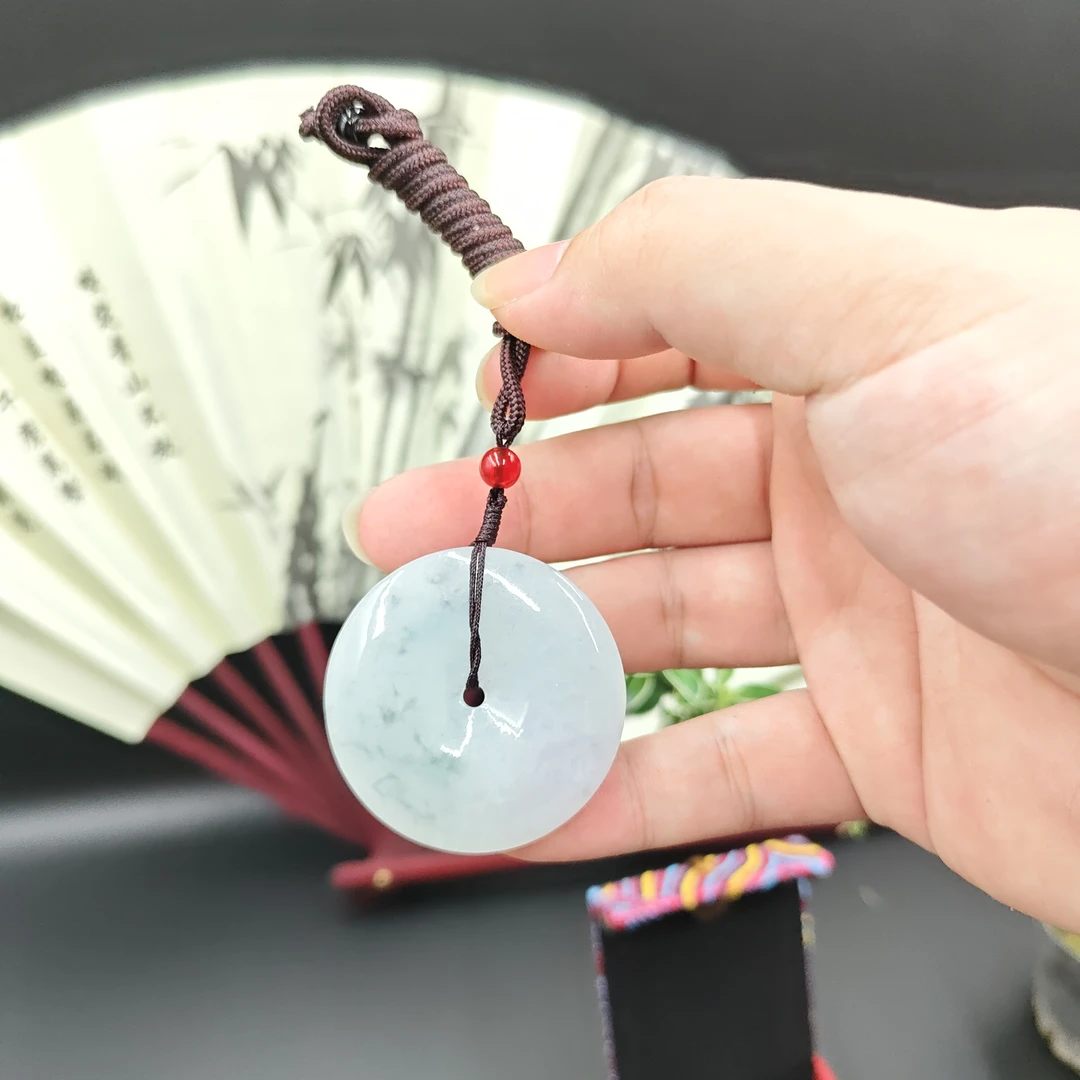 天然翡翠A货 大飘花平安扣-42*5.2mm