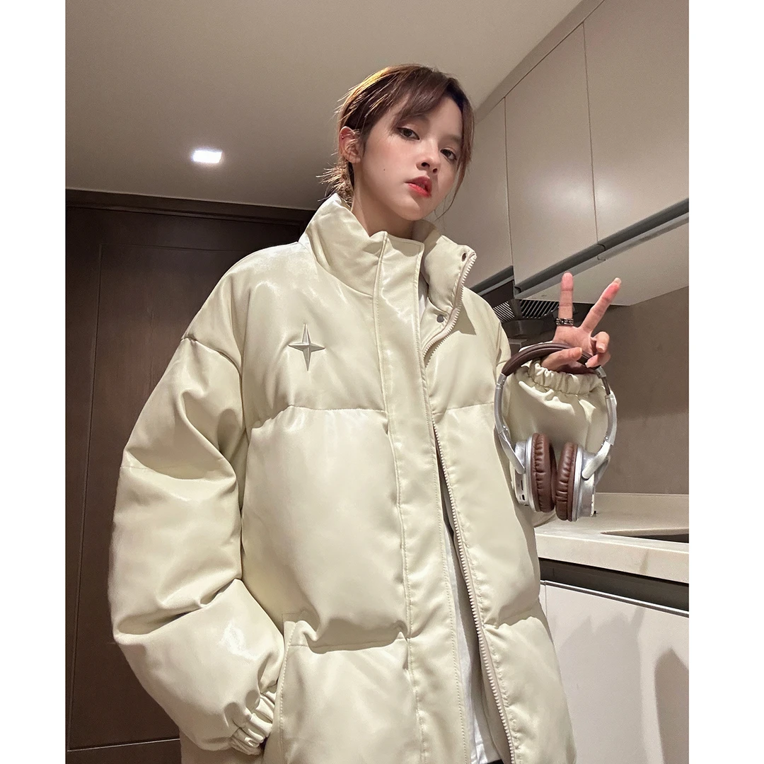 美式棉服外套男冬季2023新款宽松立领面包服潮牌加厚保暖PU皮棉衣