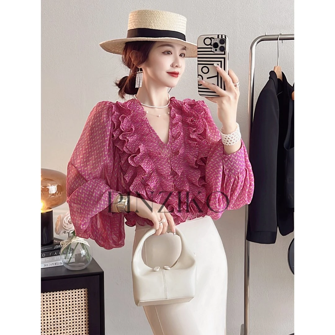 【PINZIKO女装】怜梦~法式设计感木耳边V领气质优雅法式小衫TJA199