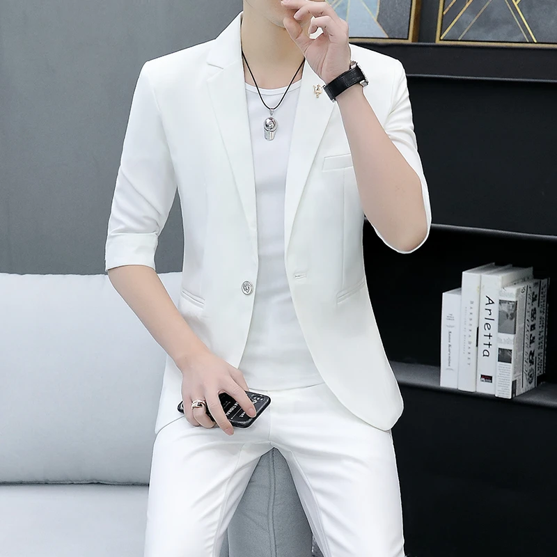 夏季七分袖西服套装男士韩版修身中袖薄款男装外套休闲短袖小西装