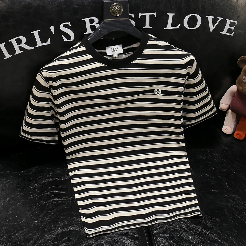 短袖t恤男士夏季薄款新款时尚百搭休闲轻奢高档潮牌爆款条纹上衣