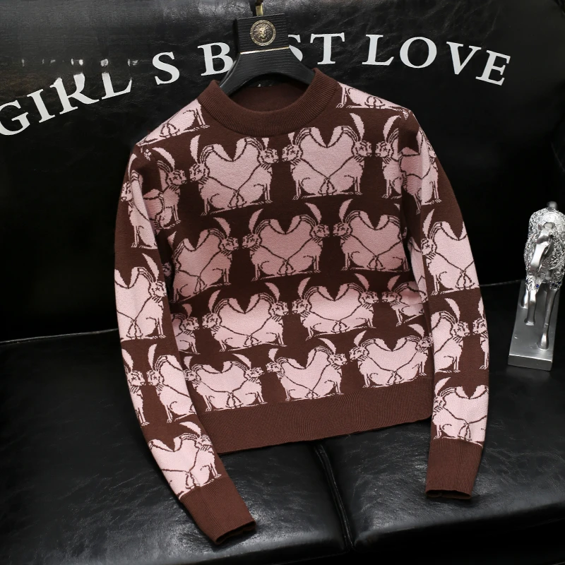 花红色圆领毛衣男士秋冬款轻奢时尚百搭潮牌时尚百搭修身套头毛衣